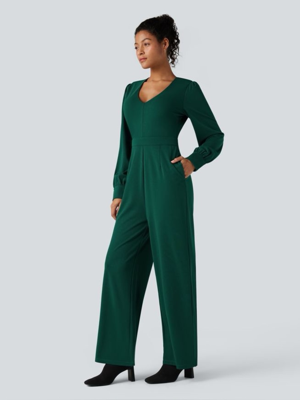 Halara V-Neck Puff Sleeve Work Jumpsuit Pockets NWT Medium - Picture 3 of 9
